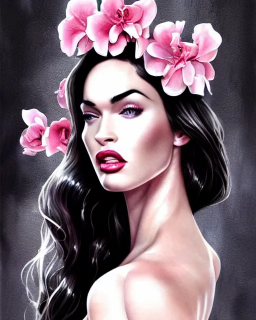 Prompt: megan fox with heavy eye makeup and pink glossy lipstick, seductive lingerie camisole, intricate, glamorous fashion pose, sharp focus, illustration, highly detailed, digital painting, concept art, art by wlop and artgerm and ross tran, masterpiece, fritz willis, watercolor, pink and black and white colors, charlie bowater, loish