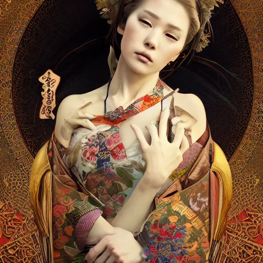 Prompt: a photorealistic dramatic fantasy render of a beautiful woman wearing a beautiful intricately detailed japanese rabbit kitsune mask and clasical japanese kimono by wlop, artgerm, greg rutkowski, alphonse mucha, beautiful dynamic dramatic dark moody lighting, shadows, cinematic atmosphere, artstation, concept design art, octane render, 8 k