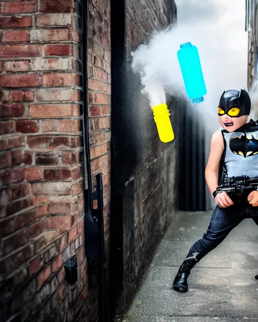 Image similar to happy batman firing super soaker water gun at playful criminals in an alleyway, everyone having fun, product advertisement, photography