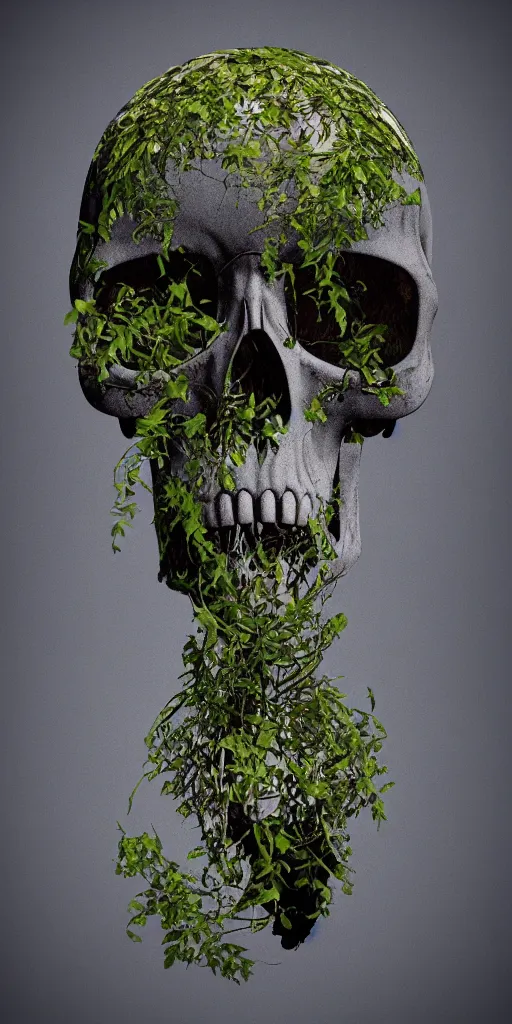 Prompt: abstract overgrown plants skull from a blender render, nature taking back, highly detailed, holography
