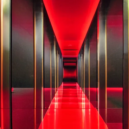 Prompt: a rectangular hallway of pure black reflective marble leading towards a red chair surrounded by gold cronenberg esque tools