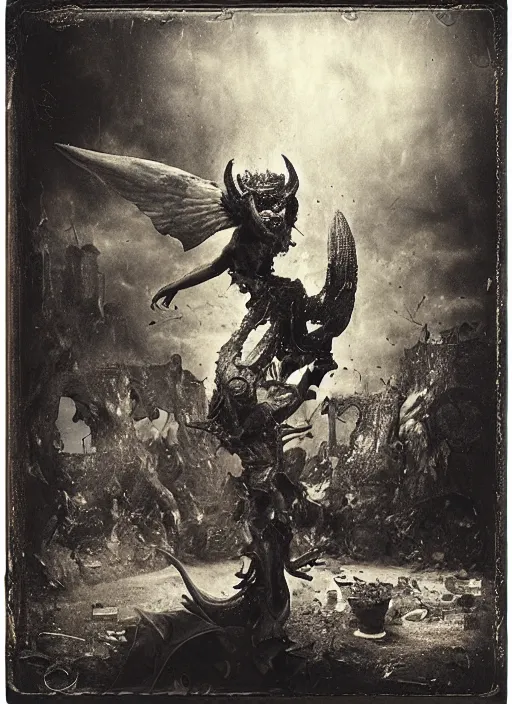 Prompt: old wetplate daguerreotype demons, devil, pain, anger, desolation, angel, explosion of data fragments, fractal, intricate, elegant, highly detailed, parallax, leica, medium format, subsurface scattering, by jheronimus bosch and greg rutkowski and louis jacques mande daguerre