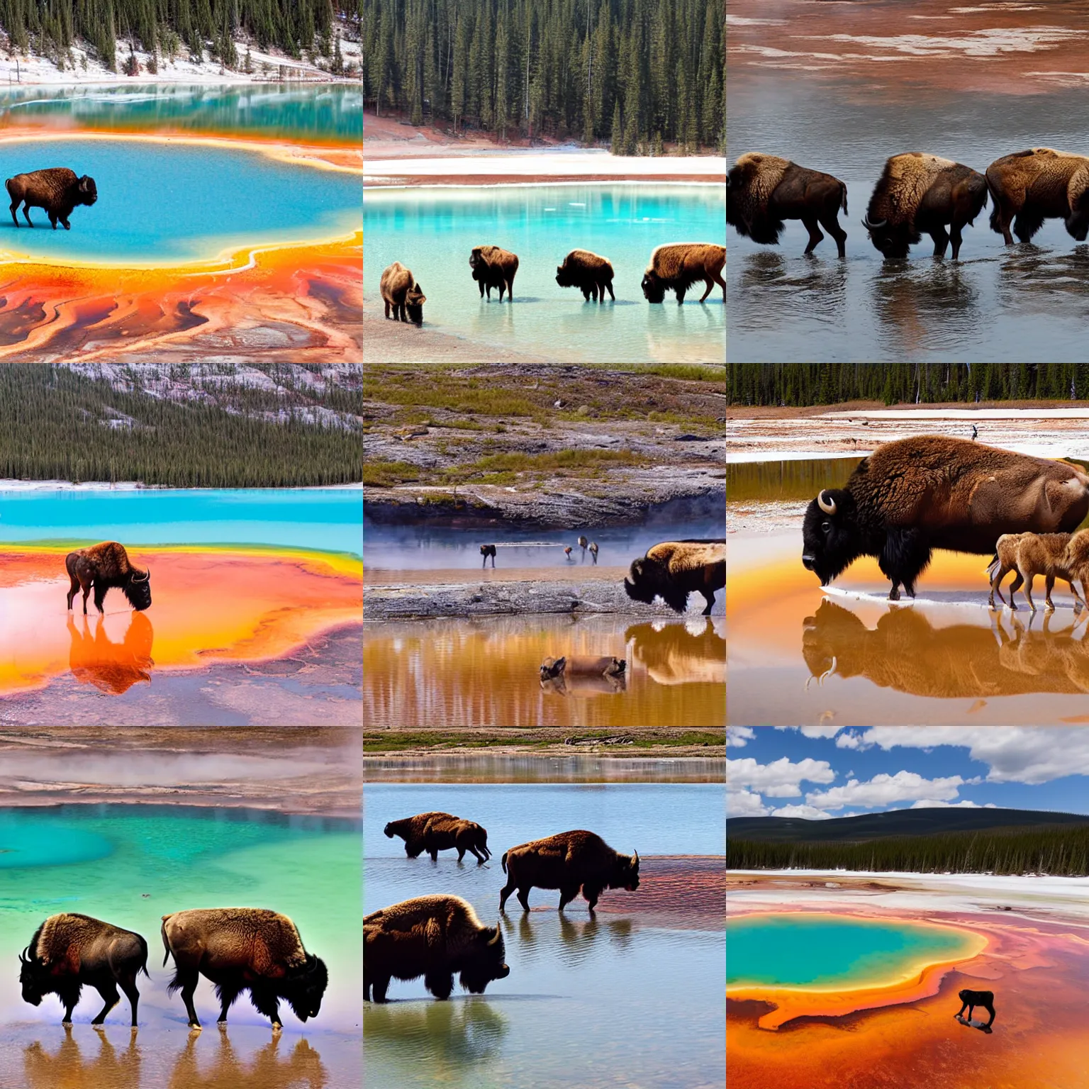 Prompt: bison and wolves swimming in grand prismatic spring
