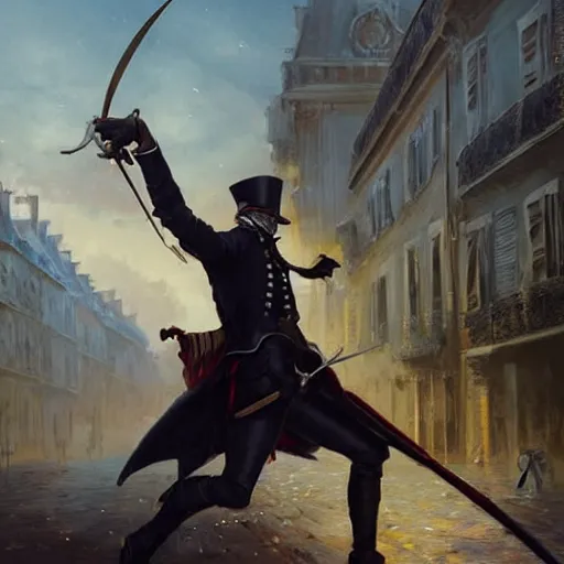Prompt: a french gentleman with a rapier in a duel with a rogue blackman in the streets of a fantasy paris in french revolution, epic fantasy digital art, fantasy style art, by Greg Rutkowski, fantasy hearthstone card art style