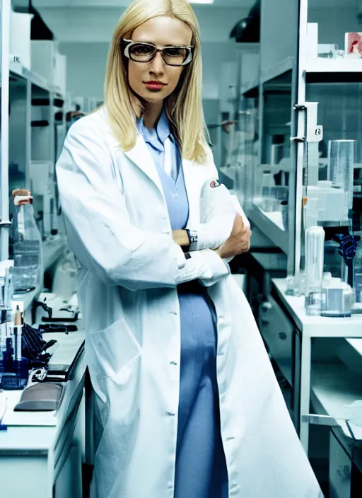 Prompt: a photograph from vogue magazine of a fashionable blond scientist in a lab, full body, shot on film, iso 4 0 0