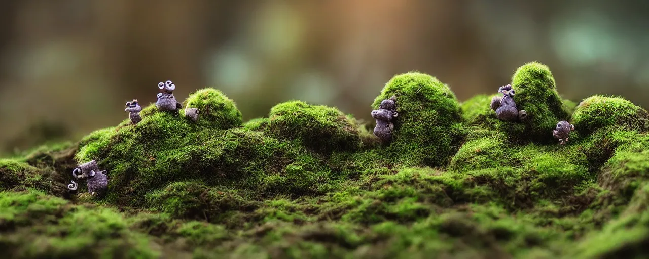 Image similar to tiny cute mossy forest creatures by bobby chiu, at sunset, macro photography, goro fujita, cute, adorable, cinematic