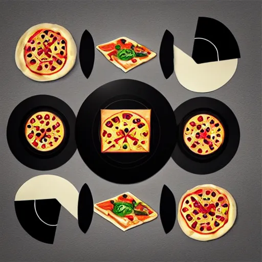 Image similar to album cover of a DJ table with pizza's for vinyl's, realistic, 16k, trending on artstation