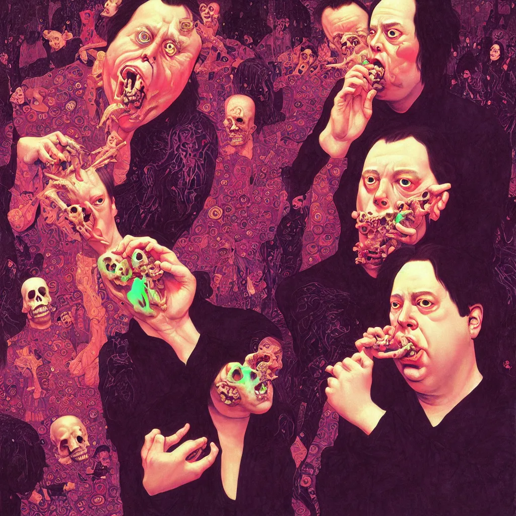 Prompt: weird and disturbing portrait of bill hicks todd solondz puking bones, vivid colors, neon, art by ( ( ( kuvshinov ilya ) ) ) and wayne barlowe and gustav klimt and artgerm and wlop and william - adolphe bouguereau
