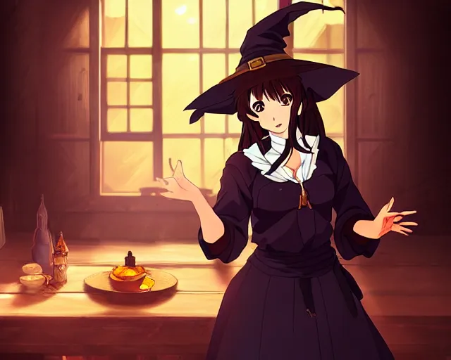 Image similar to key anime visual portrait of a young female witch in a tavern interior, dynamic pose, dynamic perspective, cinematic, dramatic lighting, muted colors, fine detail, textured