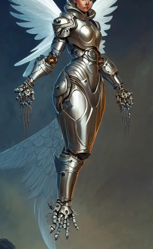 Image similar to Fantasy Concept character art of a angel female in biomechanical knight armor, sci-fi, highly detailed, digital painting, artstation, concept art, smooth, sharp focus, illustration, art by artgerm and greg rutkowski and alphonse mucha