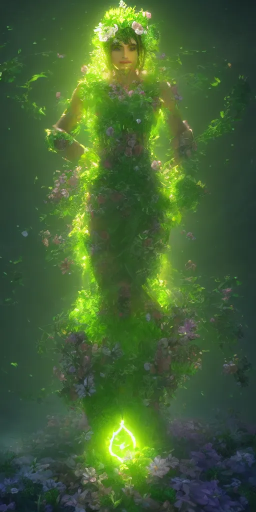 Image similar to flower goddes, concept character, beautiful, stunning, green mist, radiating power, energy, god rays, luminescence, fractal, unreal engine, 8k