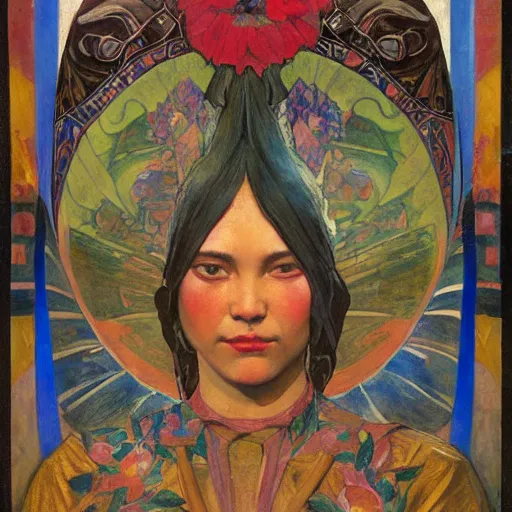 Image similar to the night crown and lantern, by Annie Swynnerton and Nicholas Roerich and Diego Rivera, flowing robes, floral tattoos, elaborate costume, geometric ornament, symbolist, soft colors, dramatic lighting, smooth, sharp focus, extremely detailed