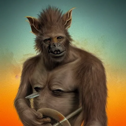 Image similar to “tall Goblin Bigfoot human hyena hybrid with a hyena face and mange holding a spear, jungle background, sickly, orange fur, realistic, nature photography”