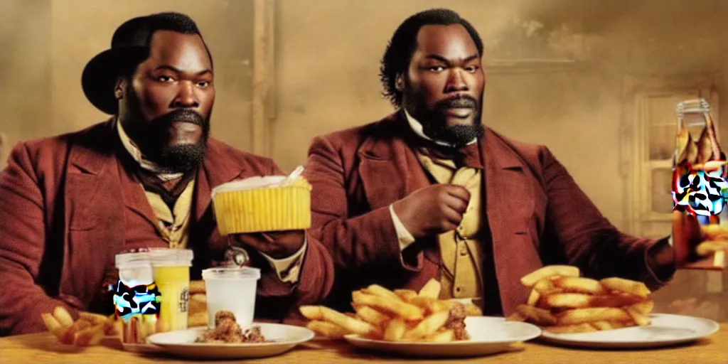 Prompt: fat Django unchained in Macdonald's eat cheeseburger and French fries and drink coca cola.