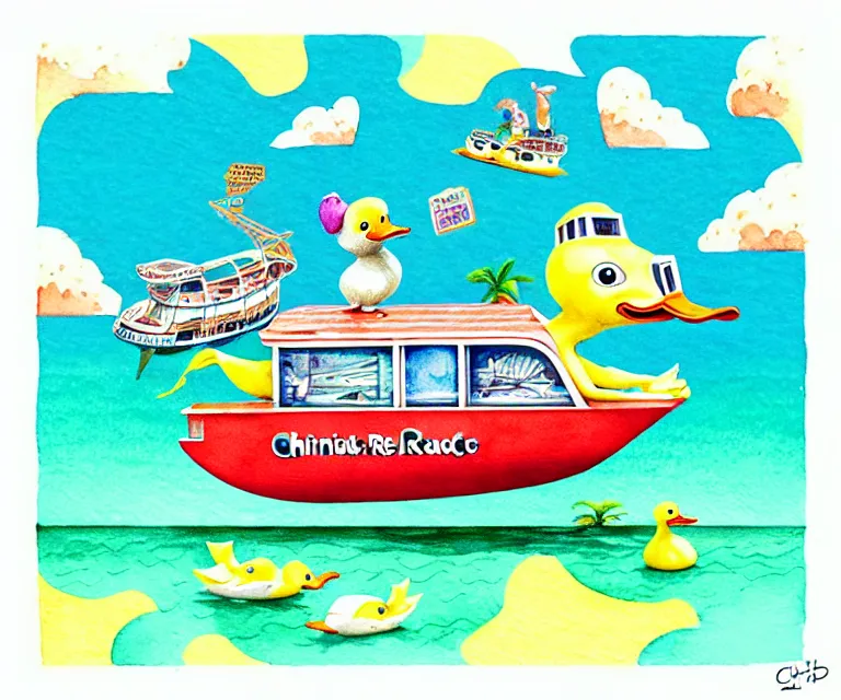 Image similar to cute and funny, duck riding in a tiny caribbean cruise ship, ratfink style by ed roth, centered award winning watercolor pen illustration, isometric illustration by chihiro iwasaki, edited by craola, tiny details by artgerm and watercolor girl, symmetrically isometrically centered