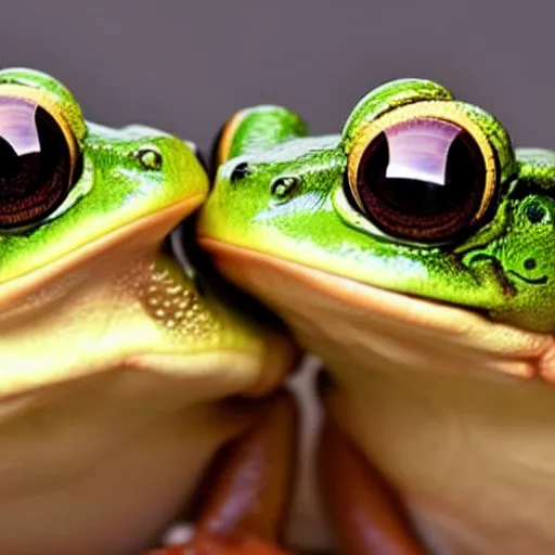 Prompt: A close-up of two frogs sitting next to each other
