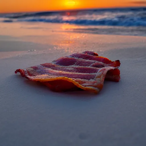 Prompt: a slice of bacon standing on the beach as the sun sets, civil twilight, backlit, photo realistic, 8 k