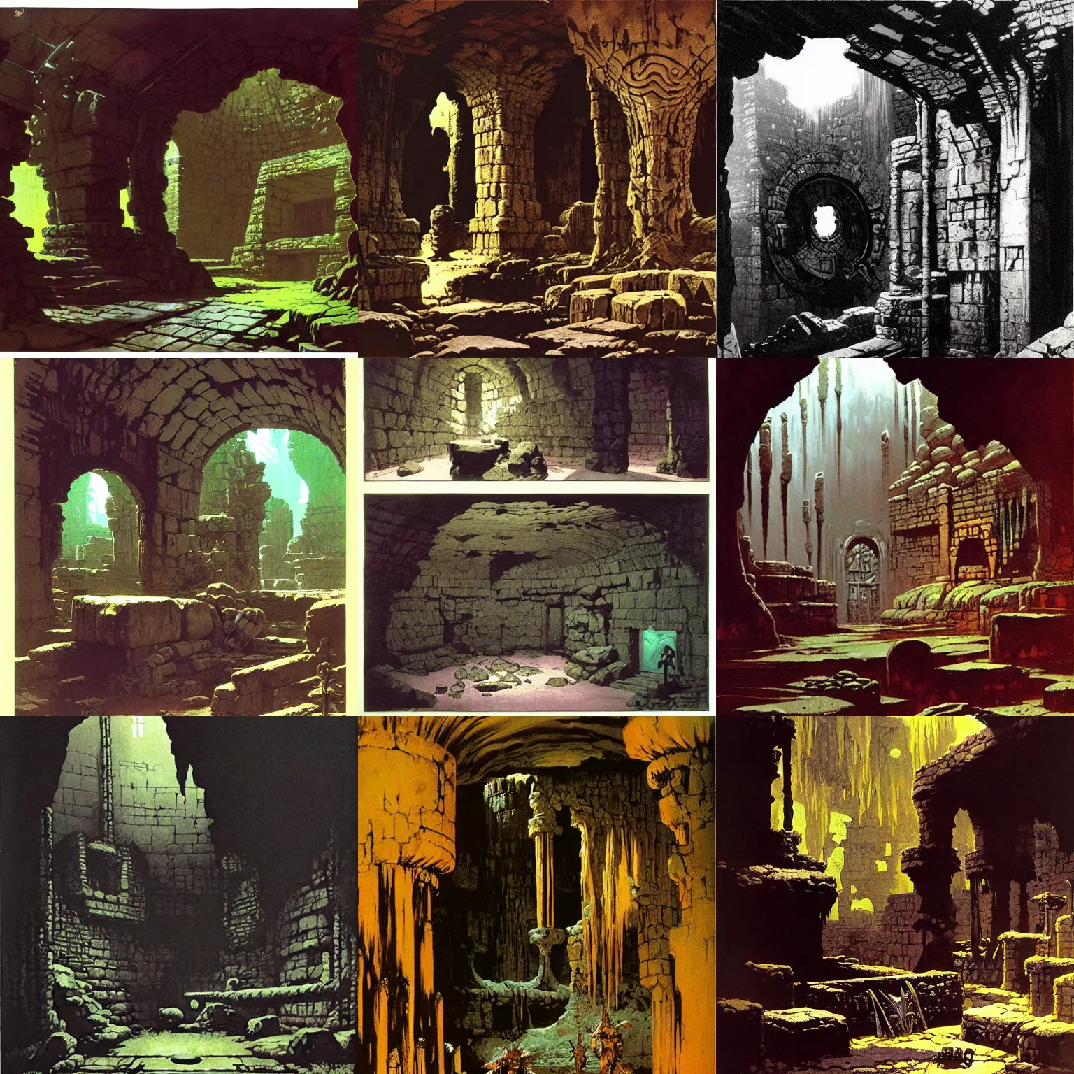 Prompt: deep ancient underground dungeon fantasy ruins by syd mead, frank frazetta, ken kelly, simon bisley, richard corben, william - adolphe bouguereau