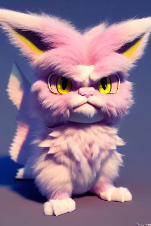 Image similar to high quality 3 d render hyperrealist very cute pastel fluffy! grumpy gargoyle cat hybrid, cyber - medieval armor, vray smooth, in the style of detective pikachu, hannah yata charlie immer, dramatic pink light, low angle, uhd 8 k, sharp focus