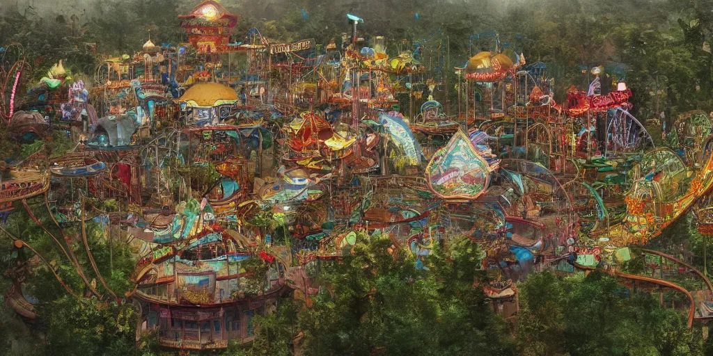 Image similar to abandoned amusement park overview mapa design, Moebius, Greg Rutkowski, Zabrocki, Karlkka, Jayison Devadas, Phuoc Quan, trending on Artstation, 8K, ultra wide angle, pincushion lens effect