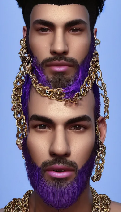 Prompt: 3D high detailed render of a male with purple hair and gold chains, face tattoos, profile picture on a blue background, sweat drops, insane, intricate, highly detailed, oil painting, smooth, sharp focus, Unreal Engine 5, 8K
