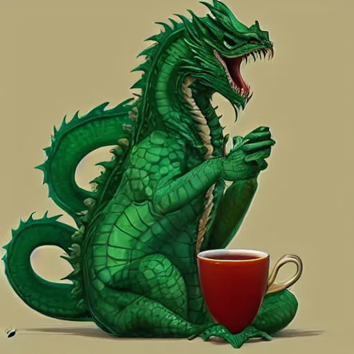 Prompt: a green dragon drinking a cup of tea, intricate concept art, artstation