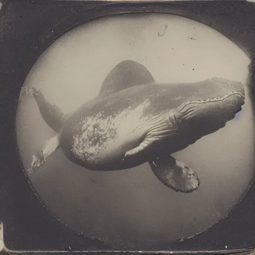 Image similar to underwater tintype photo of whale eating a mermaid