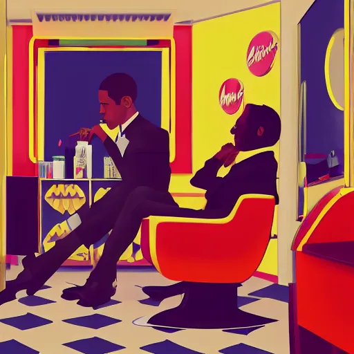 Image similar to illustration of nicki minaj sitting next to barack obama in a 6 0's vintage barbershop, symmetrical, cinematic scene, brownish flat colors, hyper realistic, highly detailed, by miyazaki, monokubo, trending on artstation