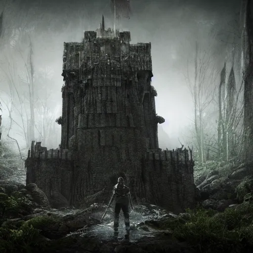 Image similar to full body pose, hyperrealistic photograph of the black keep of rotbog swamp, dim volumetric lighting, 8 k, octane beautifully detailed render, extremely hyper detailed, intricate, epic composition, cinematic lighting, masterpiece, trending on artstation, very very detailed, stunning, hdr, smooth, sharp focus, high resolution, award, winning photo, dslr, 5 0 mm