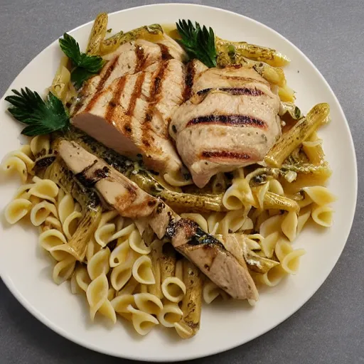 Prompt: an award winning photograph of dish made out of grilled chicken, pasta with creamy sauce, capers, lemons, product presentation, HD