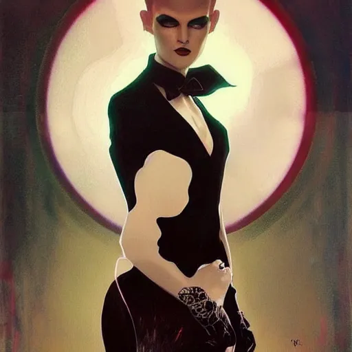 Image similar to stunning portrait of androgynous ruby rose as desire from sandman in a white tuxedo!!!, rockabilly style, by frank moth, by alphonse mucha, by jeremy mann, by peter lindbergh, dave mckean, white suit and black tie, soft lightning, high detailed, 8 k