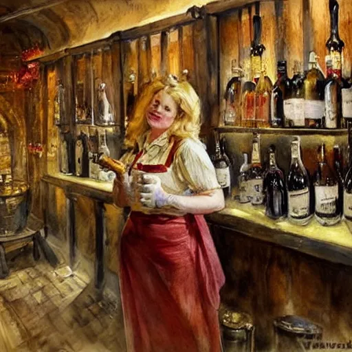 Prompt: hot blonde working in a wine cellar, food, pork, beer, schnapps, rustic, traditional, torches on the wall, watercolor by vladimir volegov and carl larsson