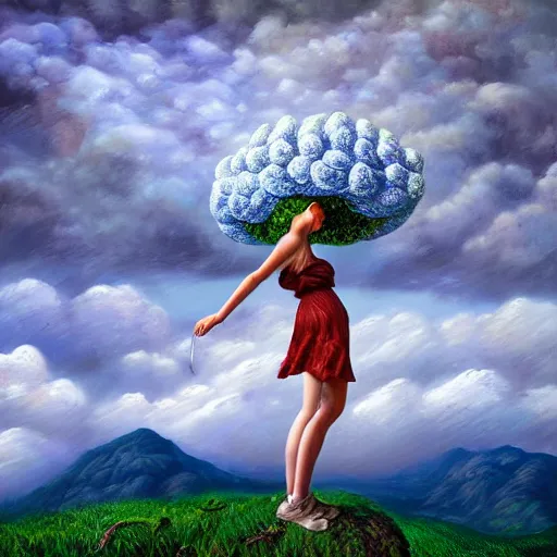 Image similar to giant flower head, frontal, woman standing on mountain, surreal photography, stormy sky, colorful clouds, impressionist painting, digital painting, artstation, rob gonsalves