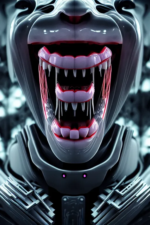 Prompt: hyperrealism, dreamland of chinese, ghost, sharp, slender and densely arranged teeth, futuristic, art deco, expressive, dystopian, cyberpunk, mecha, 3 s material, ominous, intricate, oc rendered, concept art, 4 k, sharp focus