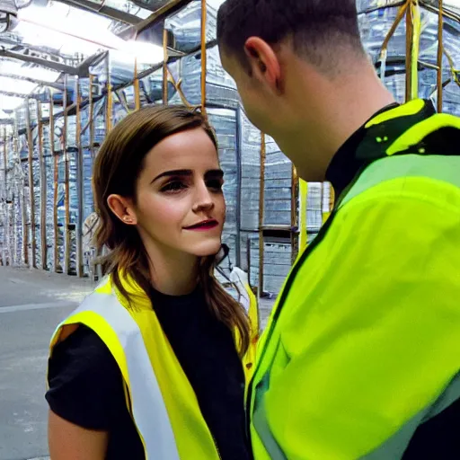 Image similar to photo, close up, emma watson in a hi vis vest, in warehouse, concerned expression, android cameraphone, snapchat story screenshot, 2 6 mm,