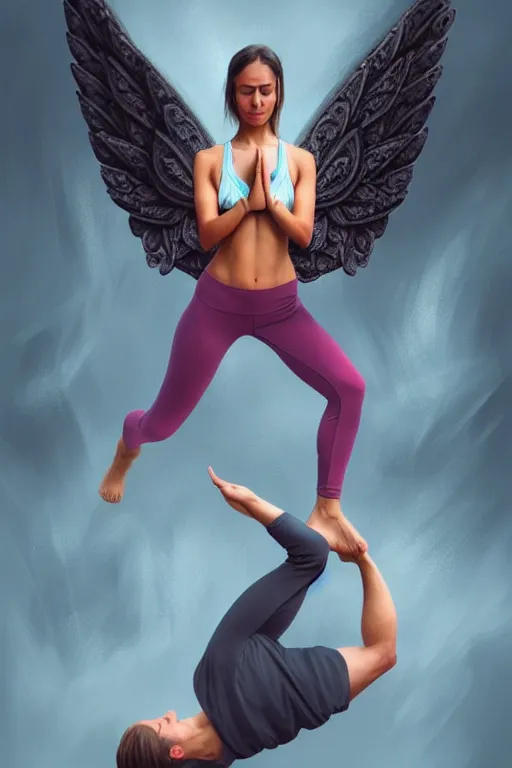 Prompt: Full body potrait of fit angel doing yoga asanas , angel is split in two with smoke, fantasy, intricate, elegant, highly detailed, digital painting, artstation, concept art, smooth, sharp focus, illustration, art by Ilja Repin