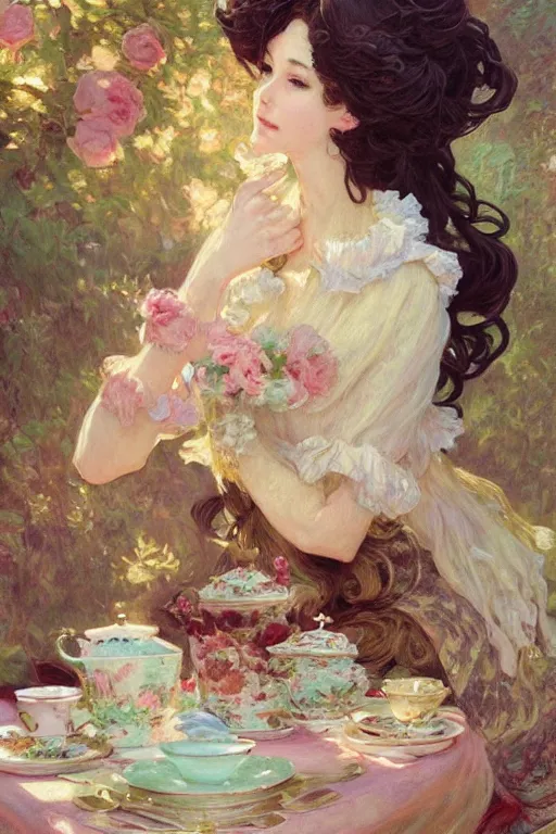 Prompt: a beautiful painting of afternoon tea, rose, black tea, highly detailed, shimmering and prismatic, rococo, by krenz cushart and mucha and monet, trending on artstation.