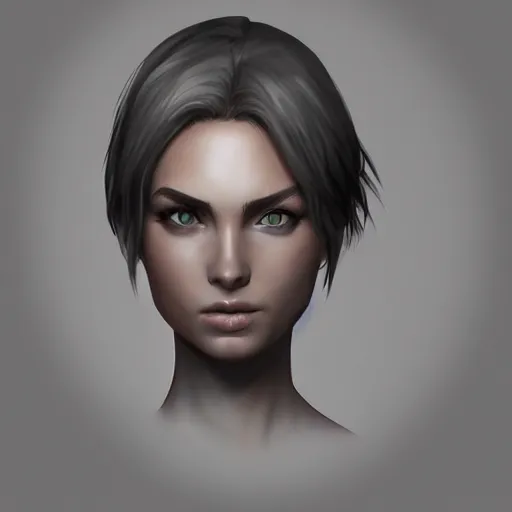 Prompt: concept art of a female character, quarter view, face only, shoulders can be seen, short hair, gray background, trend on artstation, HD, digital painting