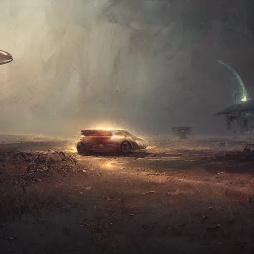 Prompt: crashed old rusty forgotten ufo, concept art, art station landscape, greg rutkowski, cinematic lighting hyper realistic painting, dark atmosphere