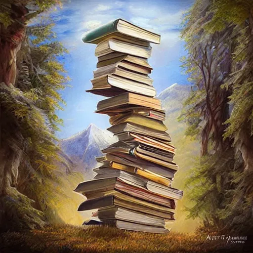 Prompt: Mountain made of books with a fairy on top of it by Artgerm by Mark Arian