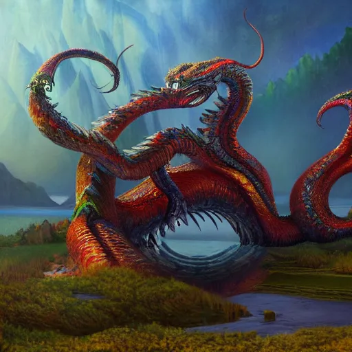 Image similar to a painting of a mythical hydra on lsd by james gurney, 8k unreal engine