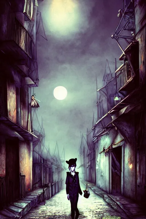 Prompt: highly realistic photograph of a 1 9 th century vampire in the slums of london at midnight, cg art, digital painting, vibrant colors, exquisite attire, dark alleyway, volumetric moonlight