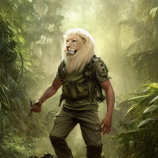 Image similar to commission portrait of a male anthro albino lion,wearing cargo pants and a boack t-shirt,going through a jungle cautiously.dramatic,character design by charles bowater,greg rutkowski,ross tran,hyperdetailed,hyperrealistic,4k,deviantart,artstation,professional photography,concept art