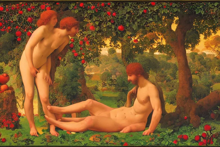 Image similar to painting of adam and eve, in the garden of eden, red apple, nature, beautiful, sunset, romantic, by ludwig deutsch and maxfield parrish, patterned tilework, extremely detailed, cinematic lighting, smooth sharp focus
