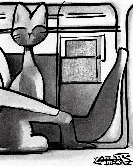 Image similar to a cat seated on the subway, sitting with legs crossed, cross-legged. Minimalist with a White background. New Yorker cartoon. B&W. Black and white.