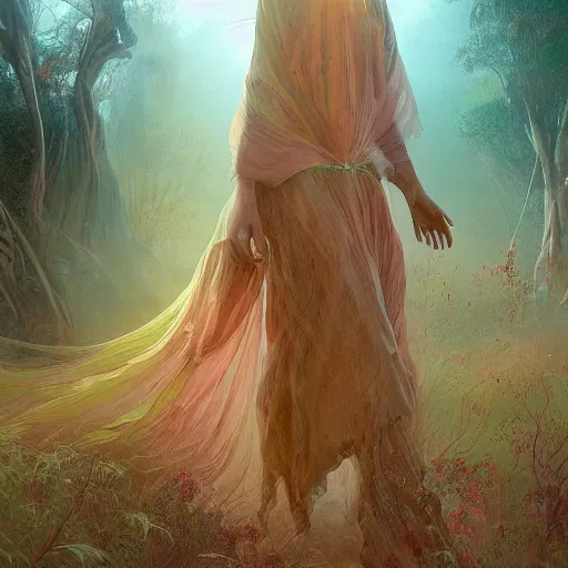 Image similar to beautiful banshee walks around Socotra among intertwining plants, flowers, trees and snags in a long transparent flowing dress and meets mystical animals, mystical insects, mystical birds, lizards, snakes, gorgeous, intricate, hypnotic dimensions, ruan jia, steve mccurry, Zdzislaw Beksinski style, sharp focus, intricate concept art, digital painting, ambient lighting, 4k, hdt, artstation trending on Gsociety, trending on ArtstationHQ, hyper quality, 16K