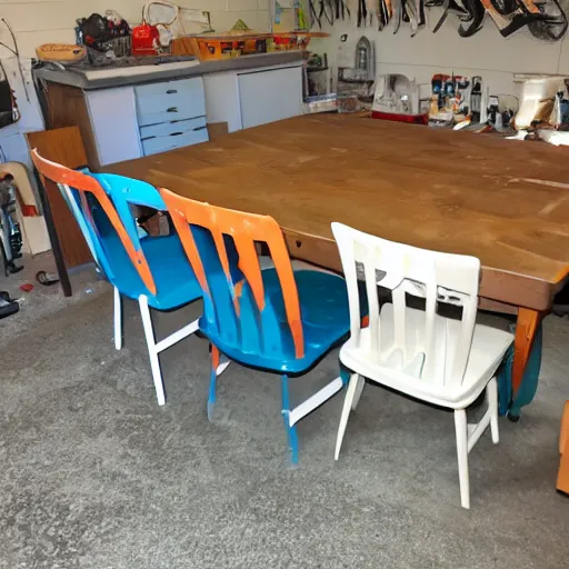 Prompt: three chairs and five spoons in a garage