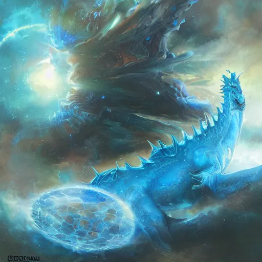 Image similar to prompt crystalline blue scales, dragon in space, devouring a planet, sun system, nebula, oil painting, by Fernanda Suarez and and Edgar Maxence and greg rutkowski