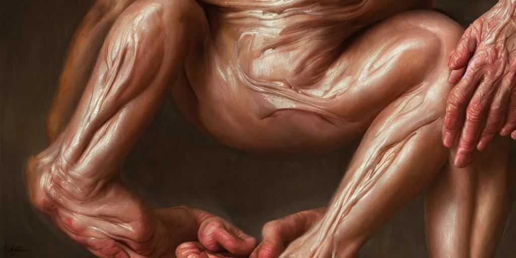 Prompt: medical detail of flesh skin painitng, wrinkles and muscle tissues, 4k, oil painting, german romanticism style, photorealistic, soft light, cinematic lighting, vibrant, motion blur