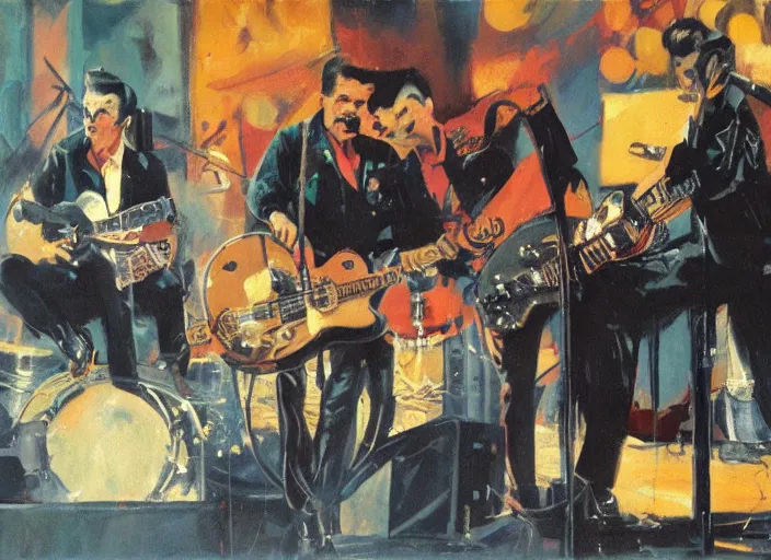 Prompt: rockabilly band 1950s, high detail, golden hour, 8K, by John Berkey